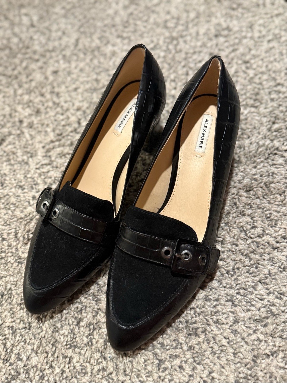 Alex Marie Black Croc-Embossed Pointed Toe Block Heels